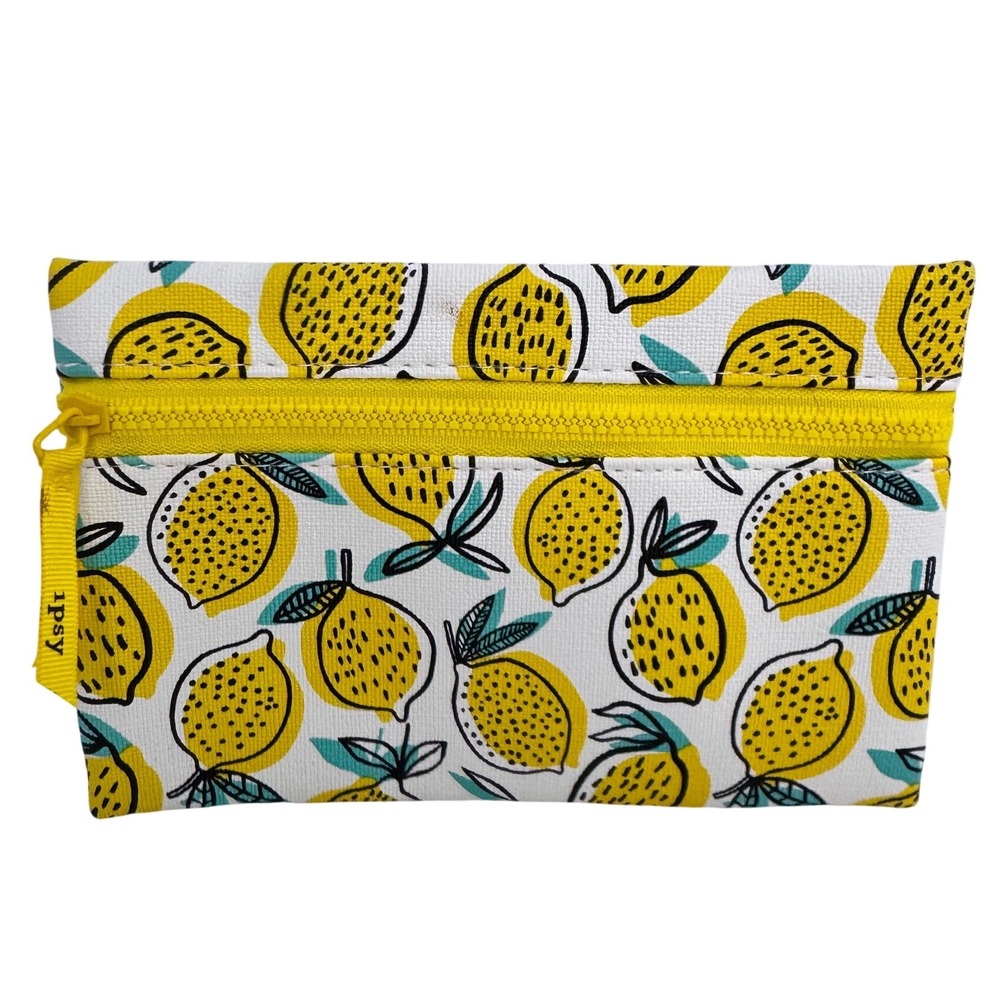 Ipsy Lemon Print Makeup Bag Yellow White Fruit Cosmetic Travel Pouch Zipper